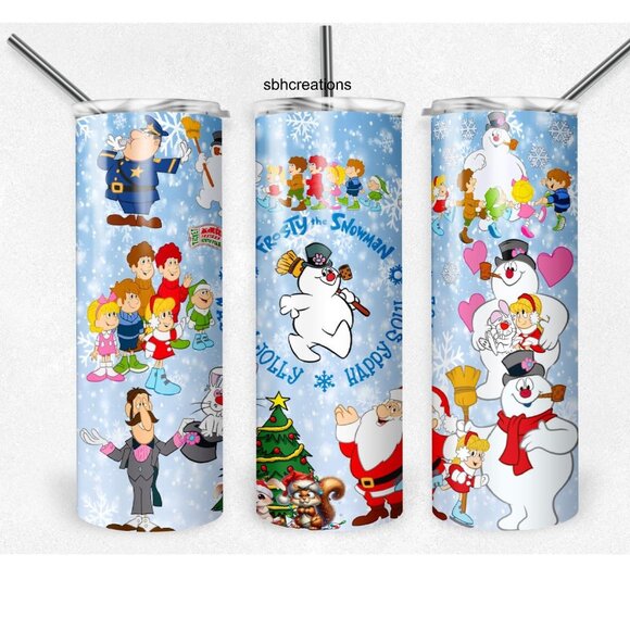 20oz Cartoon Snowman Frosty Theme insulated tumbler with sliding lid & 2 straws - Picture 1 of 1